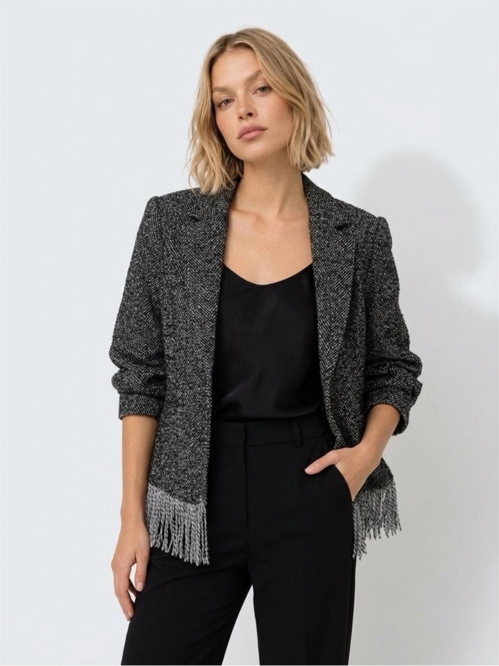 cinq a sept Black and White Tweed Fringe Hem Blazer